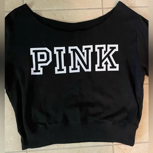 PINK Victoria's Secret Black Wide Neck Cropped Sweatshirt - Picture 2 of 10